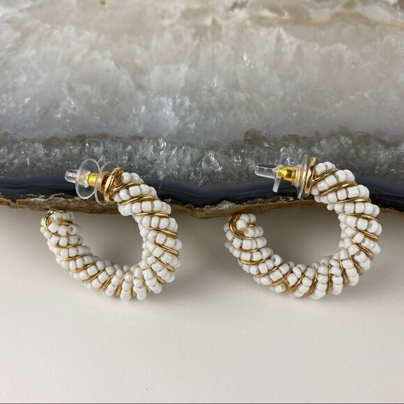 NWT Beaded White and Gold Hoops - Picture 1 of 8